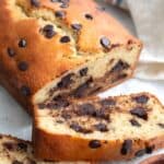 Titled image of Keto Chocolate Chip Loaf Cake with two slices lying in front.