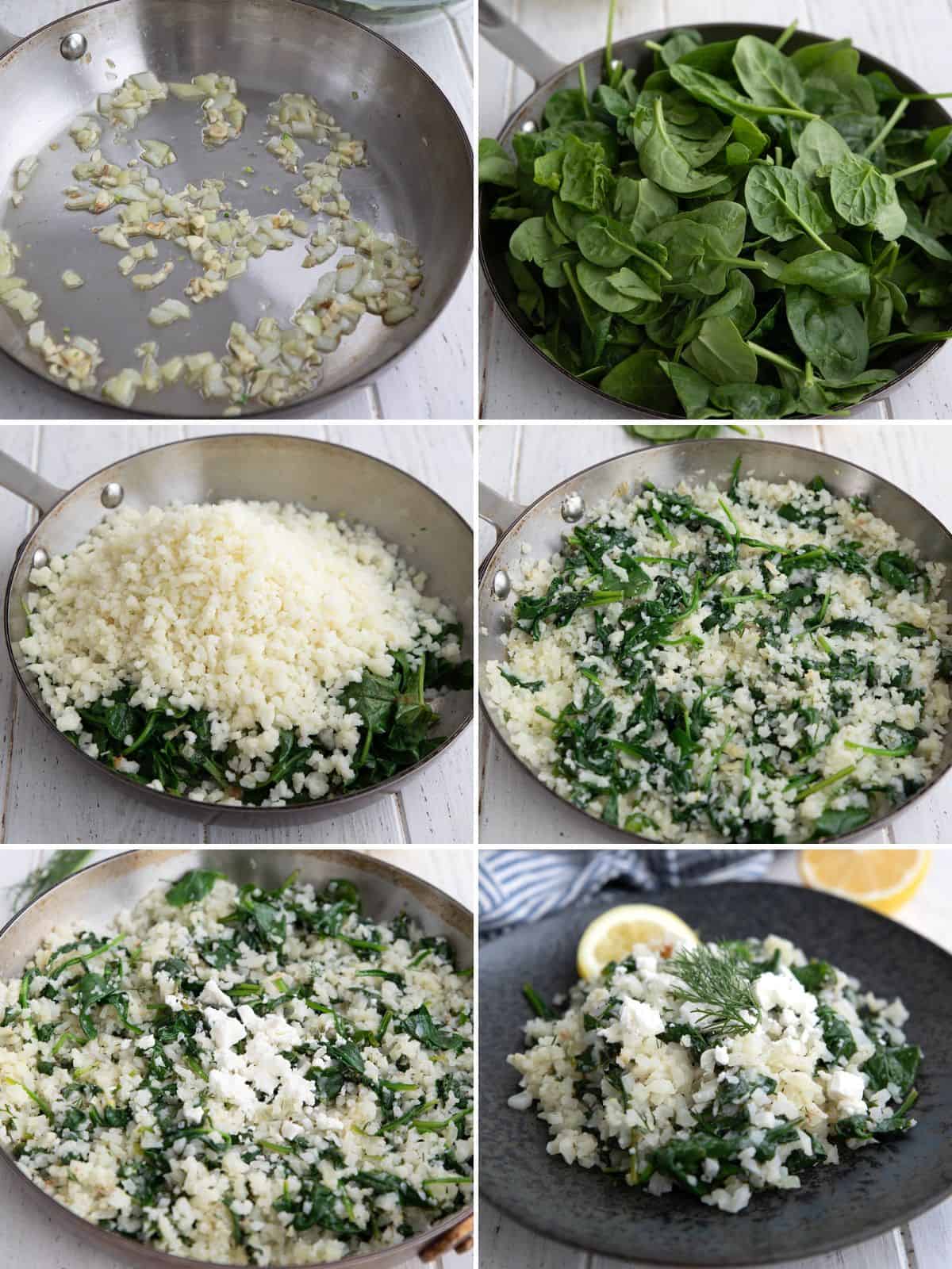 A collage of 6 images showing the steps for making Keto Spanakorizo.