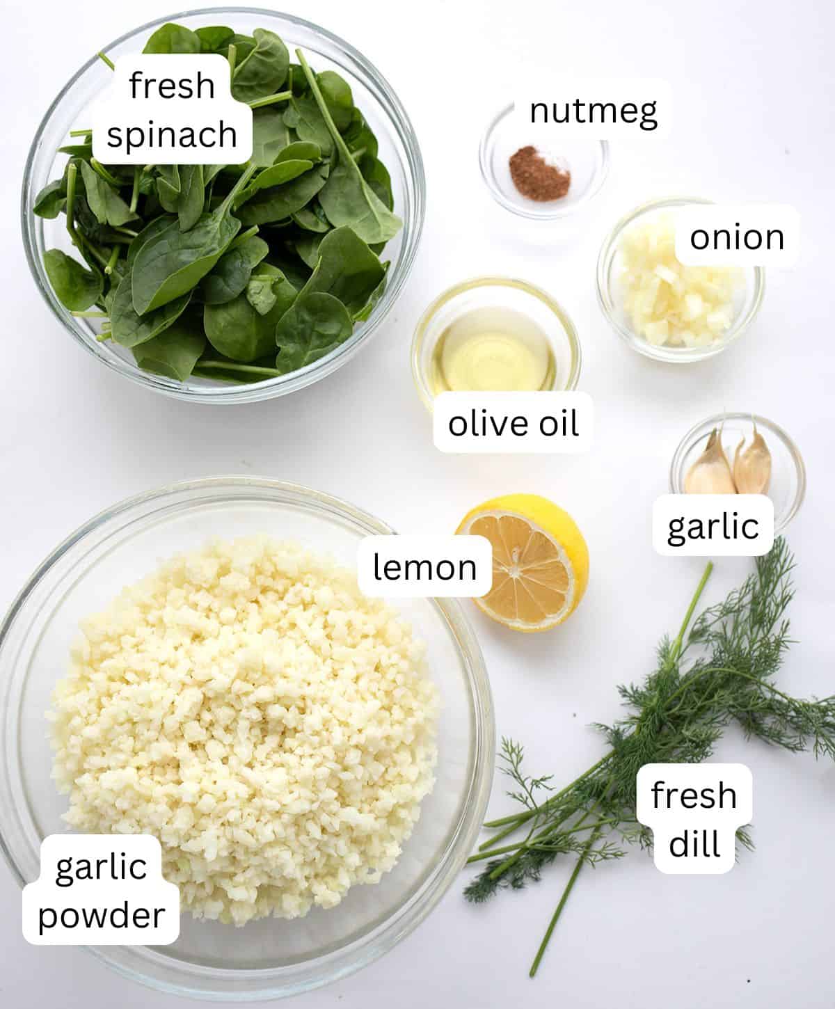 Top down image of the ingredients for Keto Greek Cauliflower Rice.