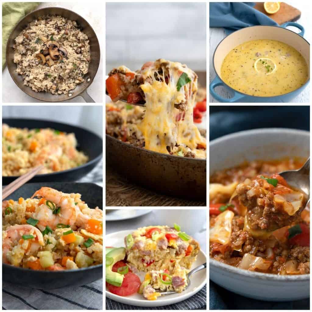 A collage of 6 images for keto recipes made with cauliflower rice.