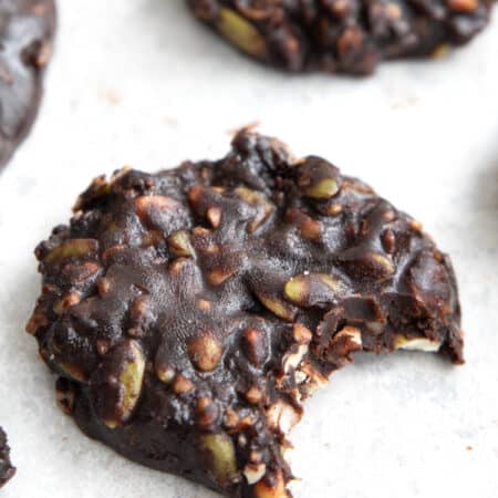 Close up shot of a Keto No Bake Cookies with a bite taken out of it.