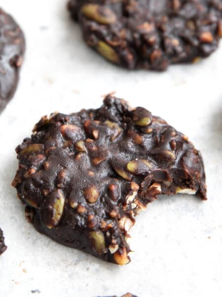 Close up shot of a Keto No Bake Cookies with a bite taken out of it.