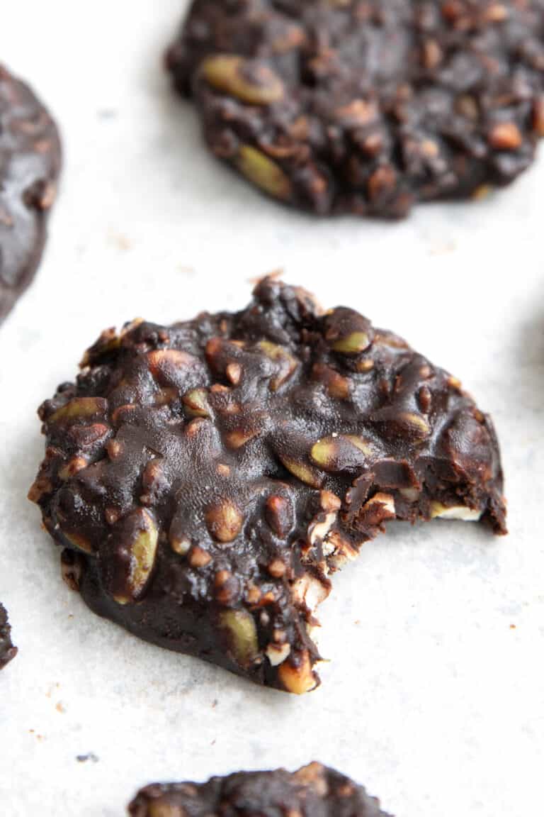 Close up shot of a Keto No Bake Cookies with a bite taken out of it.