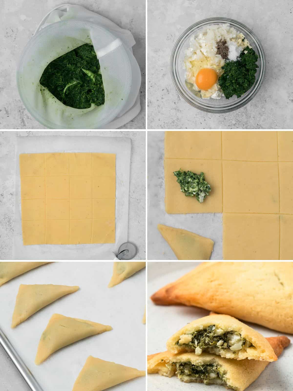 A collage fo 6 images showing the steps for making keto spanakopita.