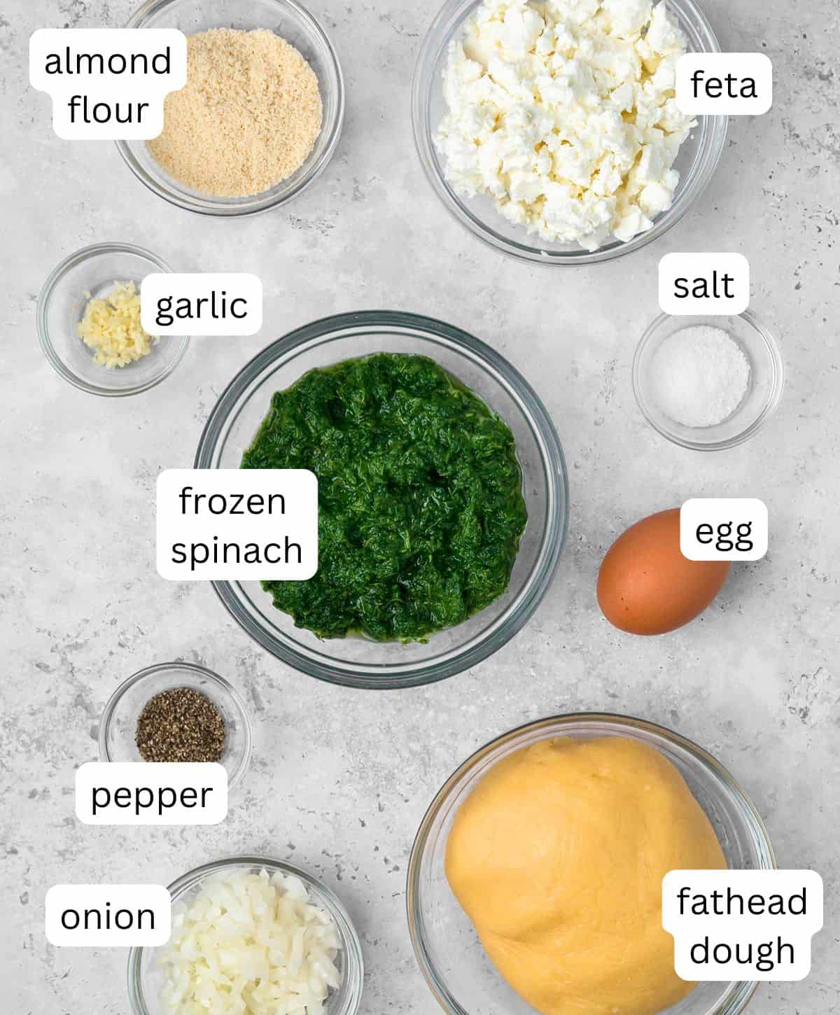 Top down image of ingredients for keto spanakopita.