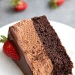 Titled image of a slice of keto chocolate mousse cake on its side on a white plate.