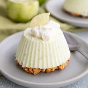 A Keto Frozen Key Lime Pie on a small gray plate with whipped cream and a lime slice on top.