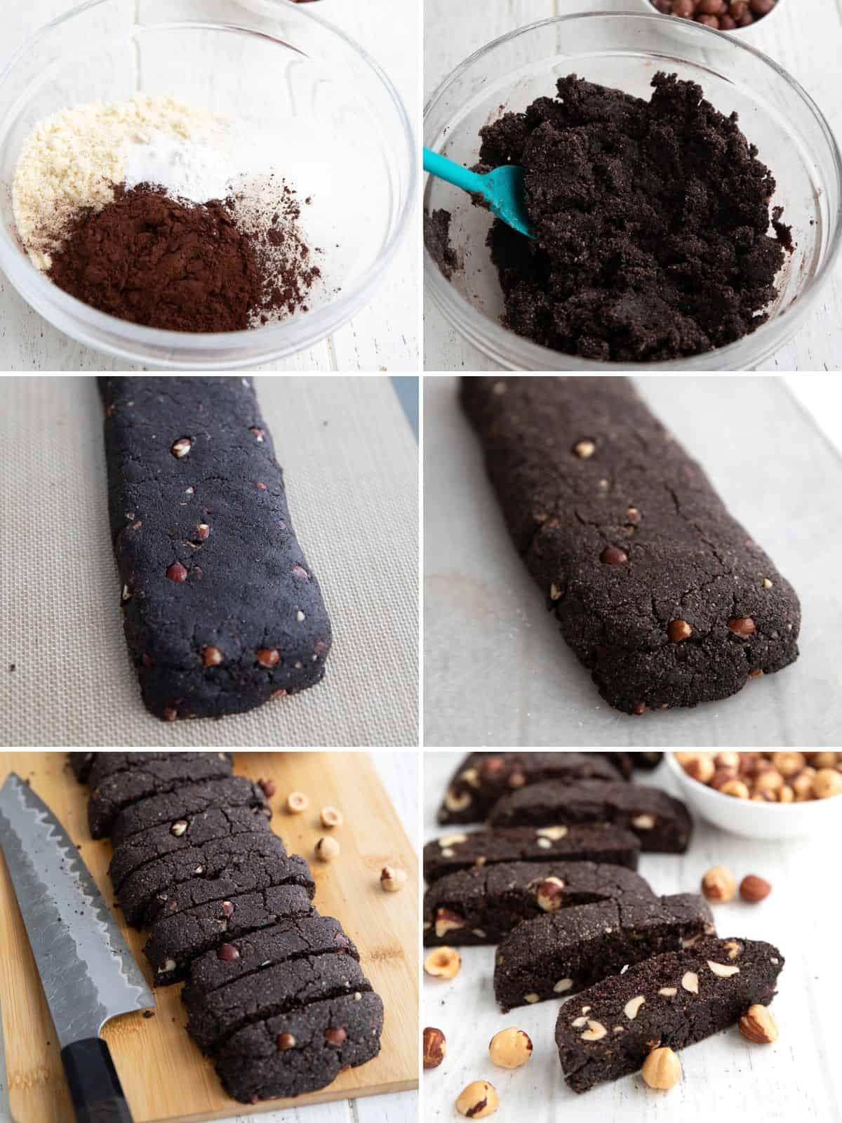 A collage of 6 images showing the steps for making Keto Chocolate Hazelnut Biscotti.
