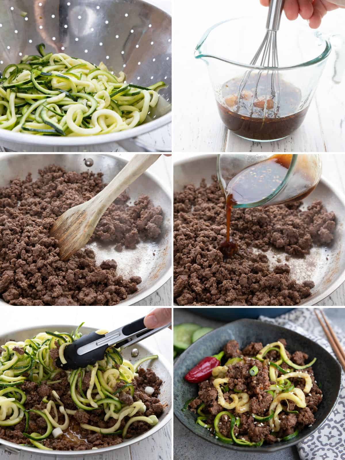 A collage of 6 images showing the steps for making Keto Korean Beef.