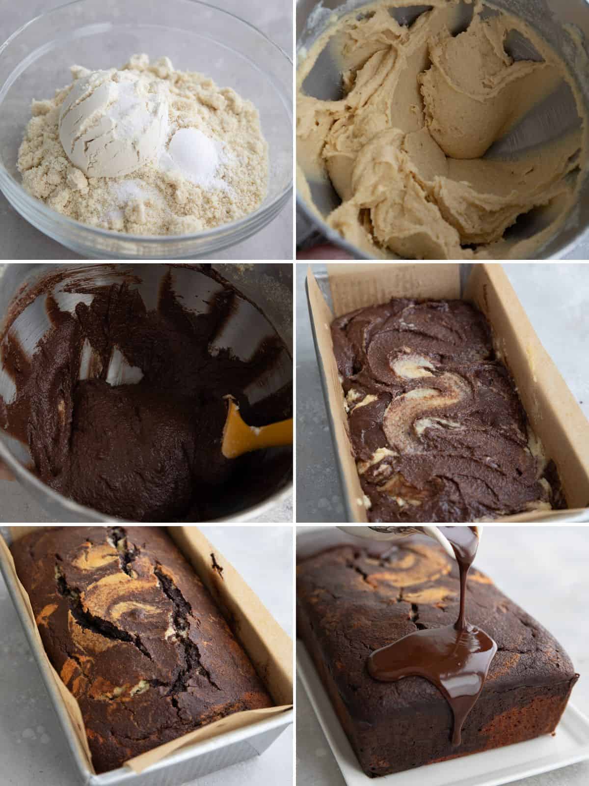 A collage of 6 images showing the steps for making Keto Marble Pound Cake.